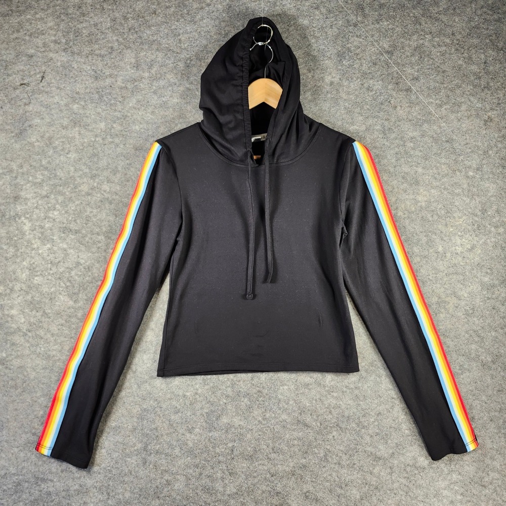 Eye‎ Candy Women Black Rainbow Sleeve Cropped Hoodie Sweatshirt M Activewear